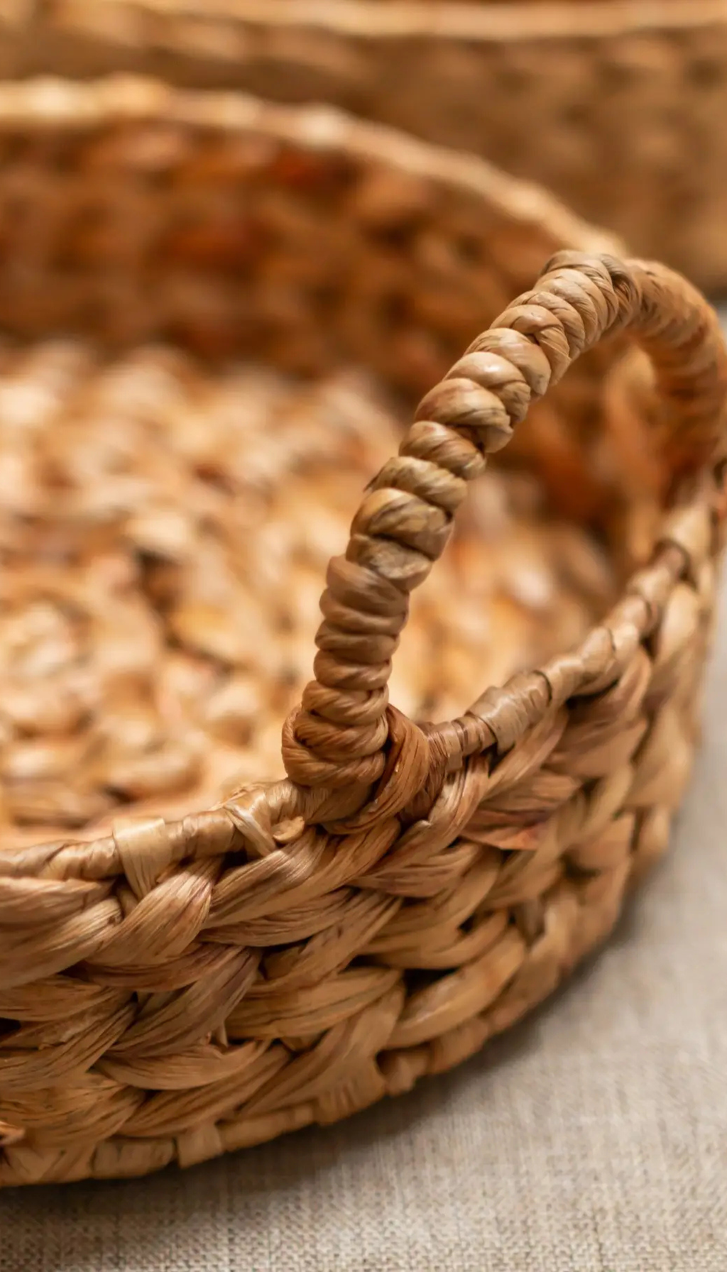 Conjunto de bandejas circulares modelo Grazalema en distintos tamaños, trenzadas artesanalmente con fibras naturales y asas curvas, sobre una superficie clara.
