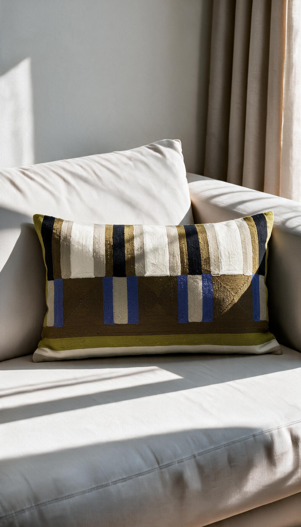 Cojín rectangular lumbar modelo Jalisco de 30x50cm, con patrón geométrico bordado a rayas y bloques combinando tonos tierra, oliva, negro, crema y detalles en azul eléctrico.