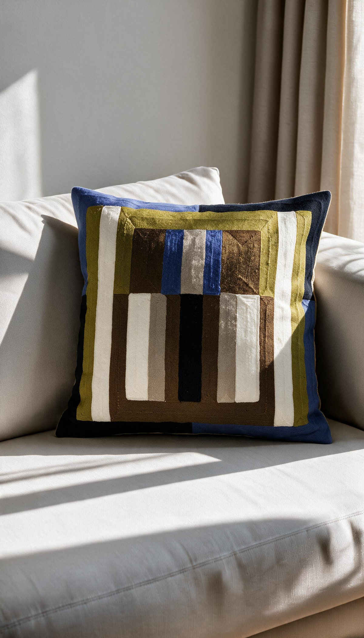 Cojín modelo Jalisco de 45x45cm, con patrón geométrico bordado a rayas y bloques combinando tonos tierra, oliva, negro, crema y detalles en azul eléctrico.