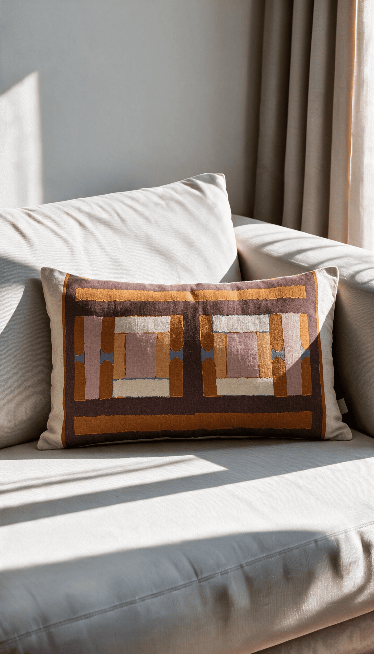 Cojín rectangular modelo Brezo con diseño de estampado geométrico en bloques combinando colores tierra, terracota, marrón y rosa sobre un fondo claro natural.