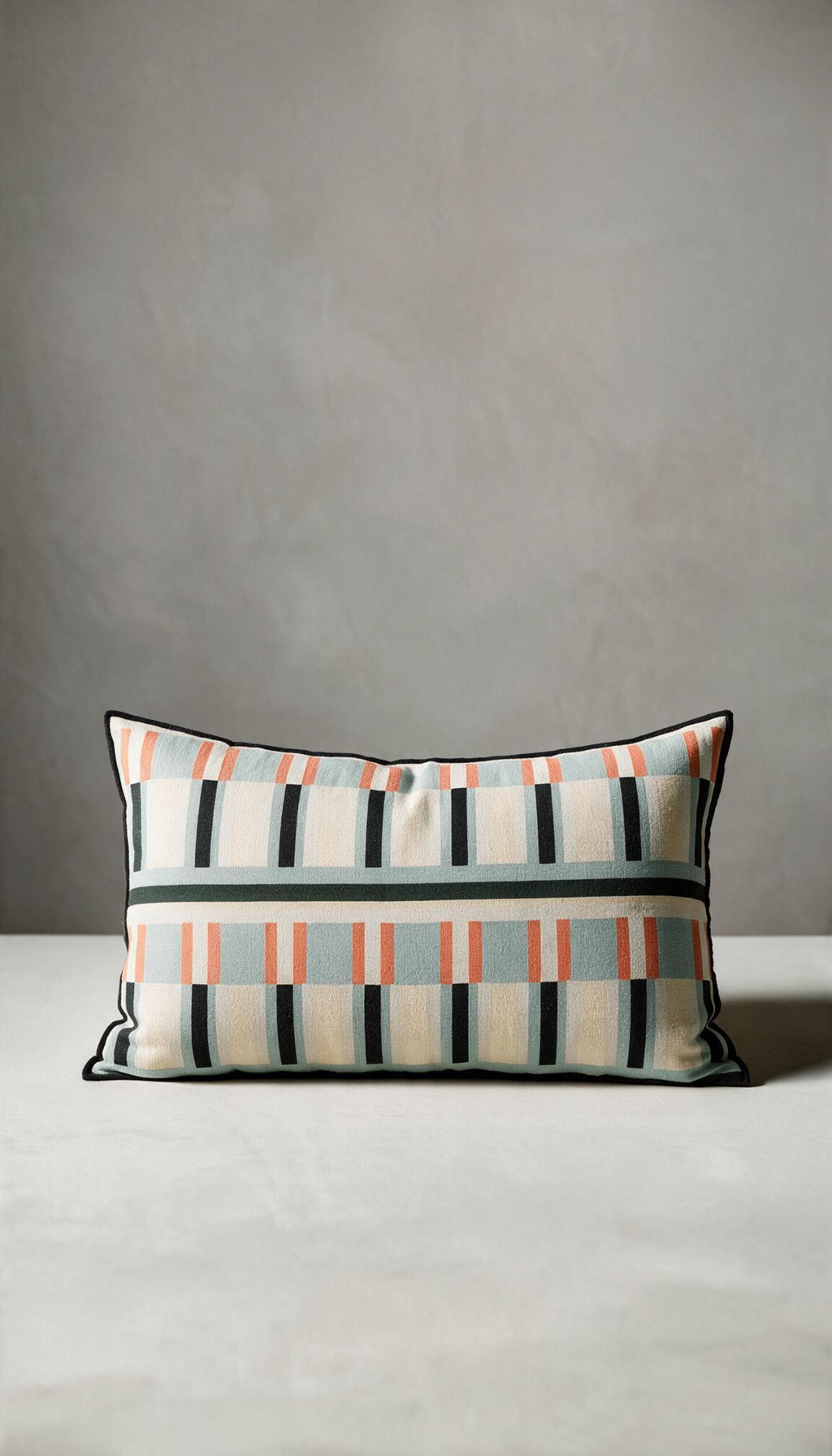 Cojín rectangular lumbar modelo Jalisco con estampado geométrico de rayas en tonos azul menta, crema, naranja y negro, rematado con un ribete perimetral oscuro.