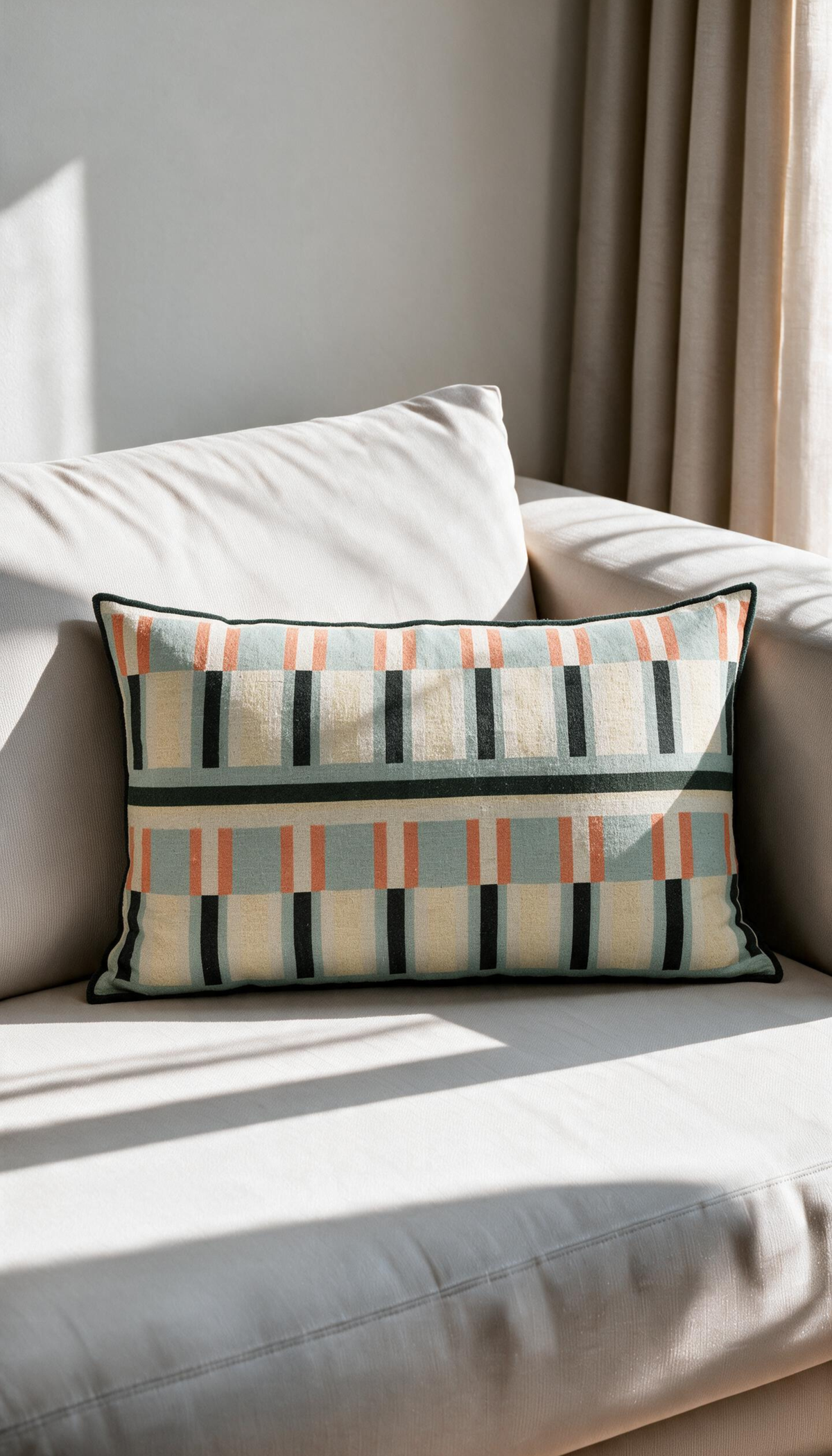 Cojín rectangular lumbar modelo Jalisco con estampado geométrico de rayas en tonos azul menta, crema, naranja y negro, rematado con un ribete perimetral oscuro.