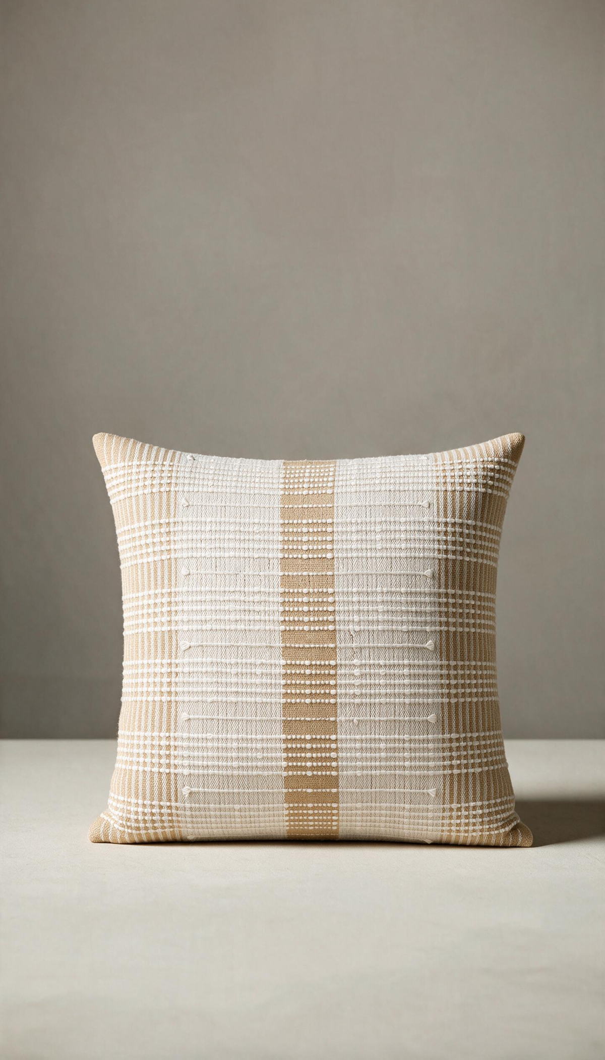 Funda de cojín cuadrado modelo Poniente con diseño tejido natural, destacando una franja vertical central en color beige tostado y sutiles líneas blancas horizontales pespunteadas en relieve.