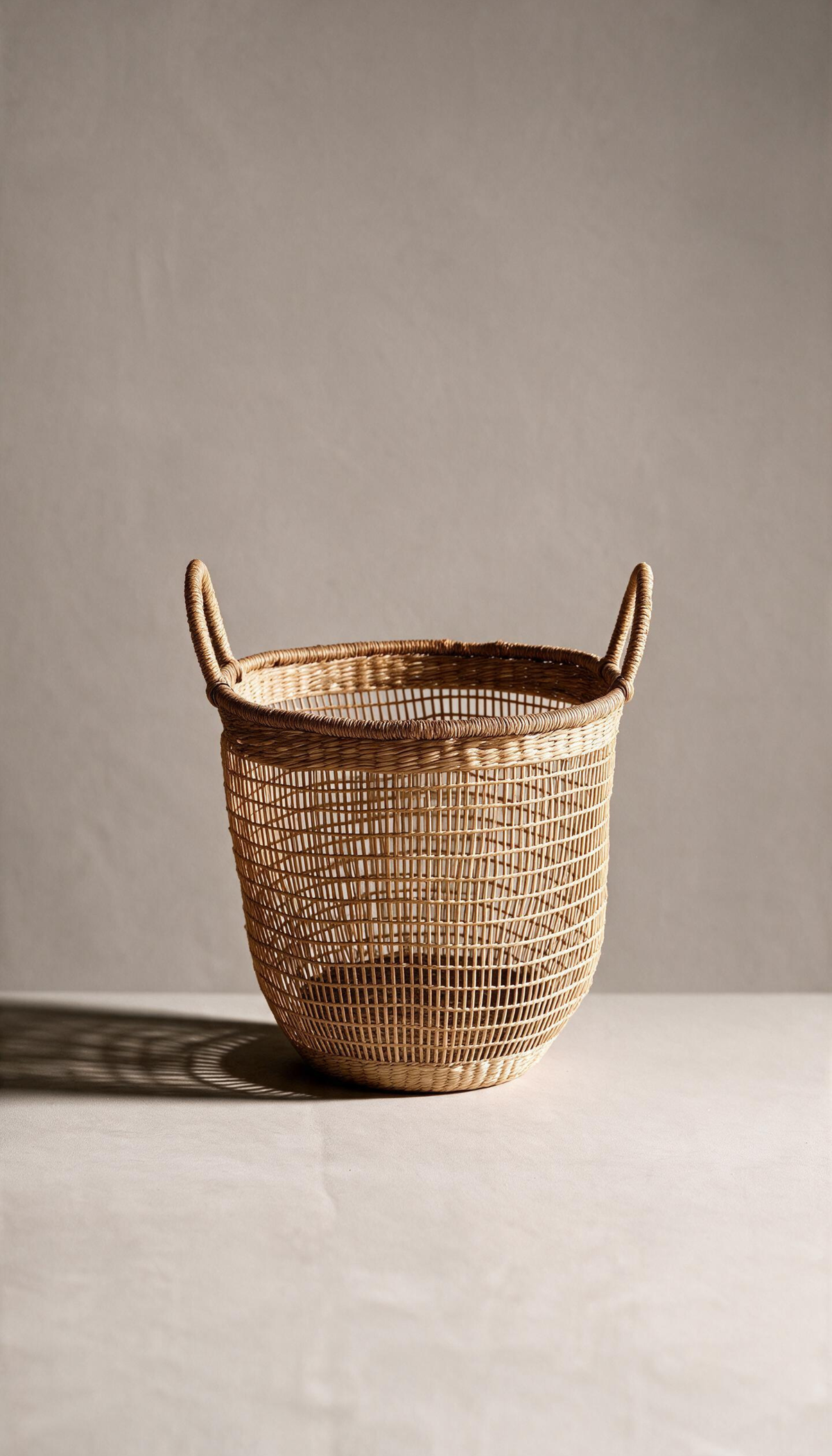 Cesta organizadora modelo Priego elaborada en fibras naturales con un diseño de trenzado abierto calado y dos asas superiores, proyectando una sombra sobre fondo neutro.
