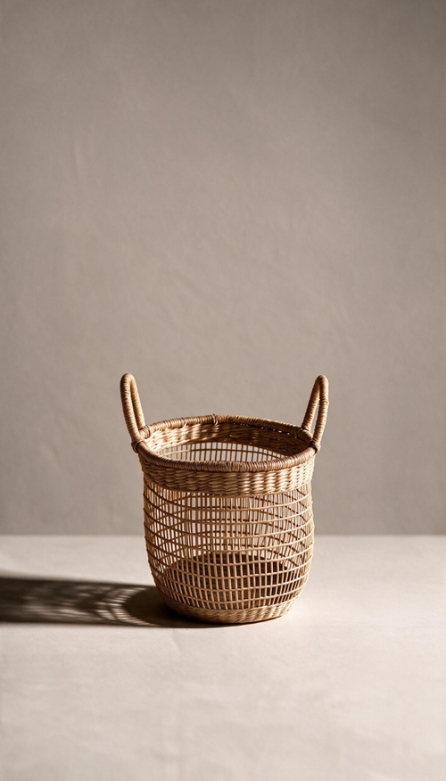 Cesta organizadora modelo Priego elaborada en fibras naturales con un diseño de trenzado abierto calado y dos asas superiores, proyectando una sombra sobre fondo neutro.