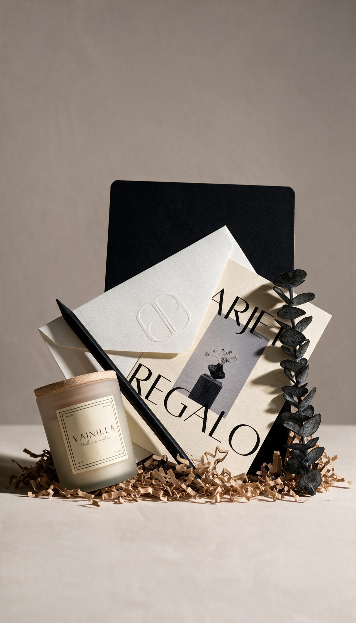 Caja de regalo abierta mostrando una cuidada presentación en su interior, que incluye una libreta tamaño A5, un lápiz, una vela decorativa y un tarjetón con sobre, ideal para acompañar tarjetas regalo de la tienda.