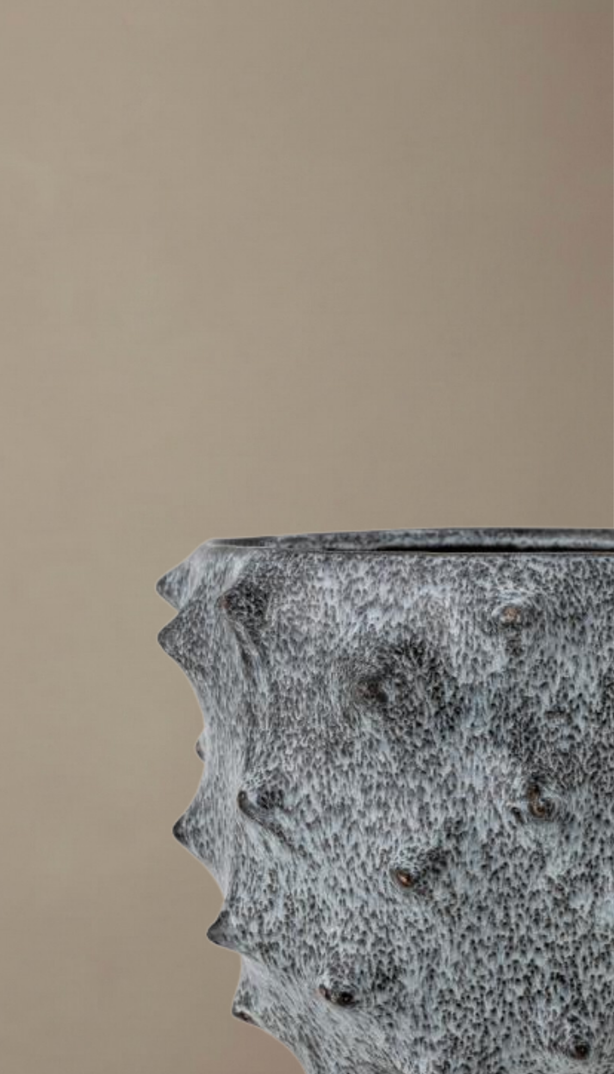 Macetero de gres modelo Brezo en color gris moteado, con diseño rústico de textura con pinchos y base con patas para plantas de interior.