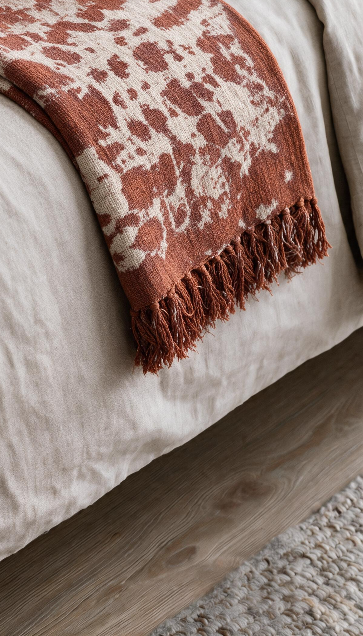 Manta de sofá modelo Salina doblada, con estampado orgánico de estilo boho en colores terracota y crema, mostrando su textura suave y acabado con flecos.