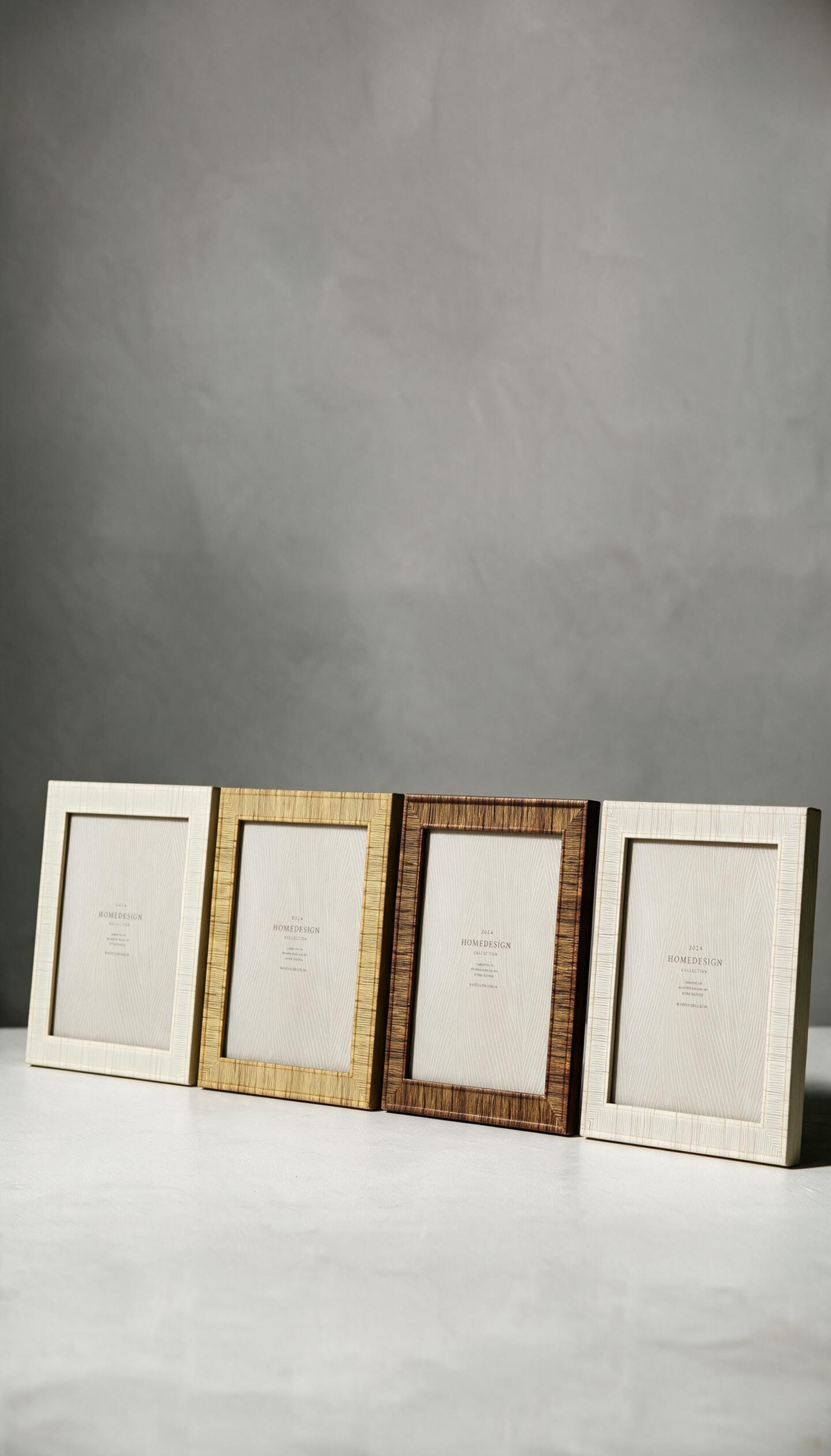 Colección de marcos de fotos modelo Vejer alineados, mostrando su textura natural en relieve y disponibles en colores crudo, madera clara y madera oscura.