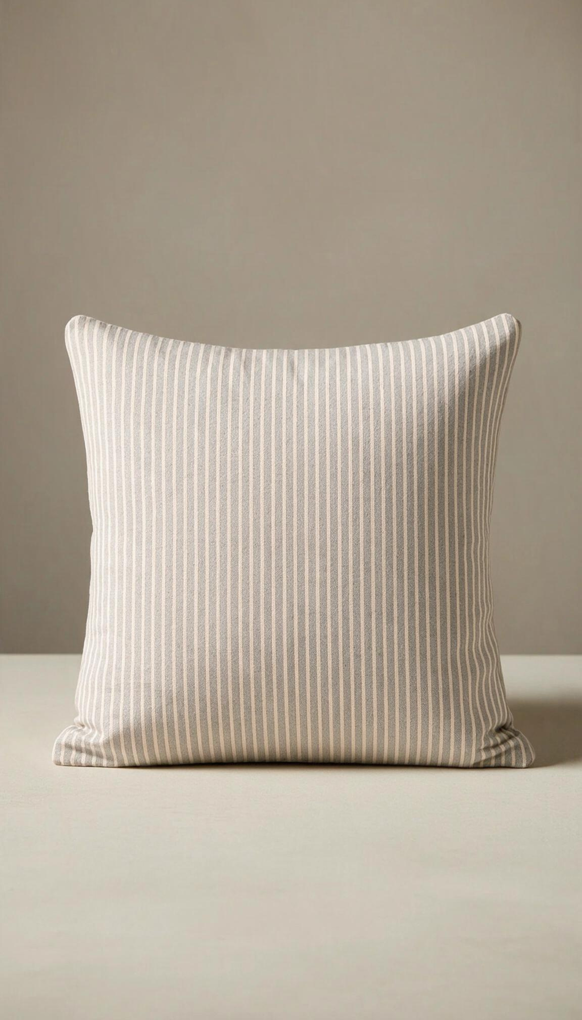 Funda de cojín cuadrada modelo Carmona con un diseño clásico de finas rayas verticales en tonos blanco y gris claro suave, perteneciente a un pack de dos unidades.