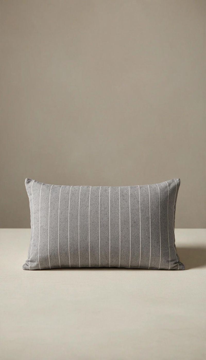 Funda de cojín rectangular lumbar modelo Évora en color gris antracita con un diseño clásico de finas rayas verticales blancas, perteneciente a un pack de dos unidades.
