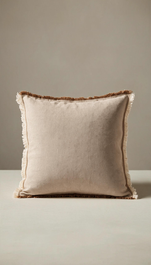 Funda de cojín cuadrada modelo Medina confeccionada en tejido natural color beige arena, rematada con flecos deshilachados a contraste en color marrón tierra, perteneciente a un pack de dos unidades.