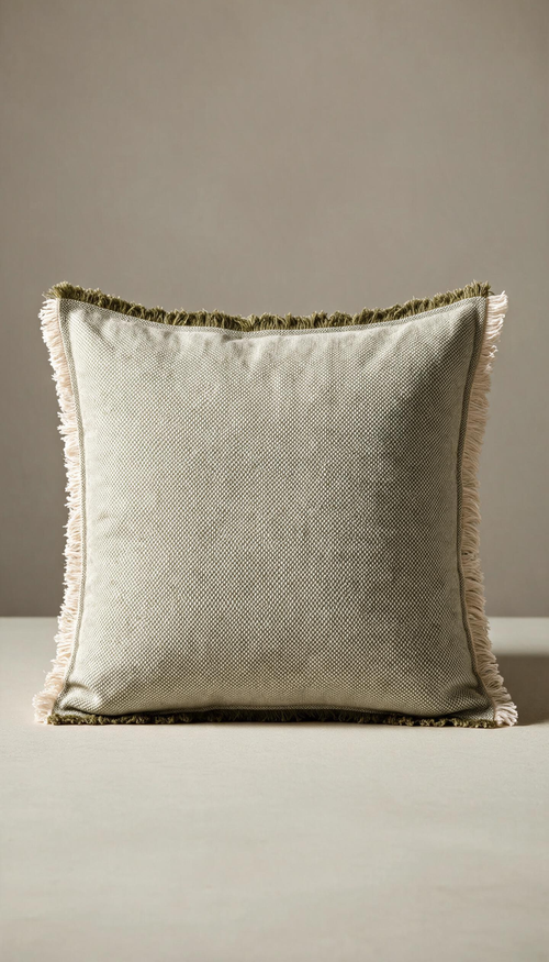 Funda de cojín cuadrada modelo Medina confeccionada en tejido natural color verde, rematada con flecos deshilachados a contraste, perteneciente a un pack de dos unidades.