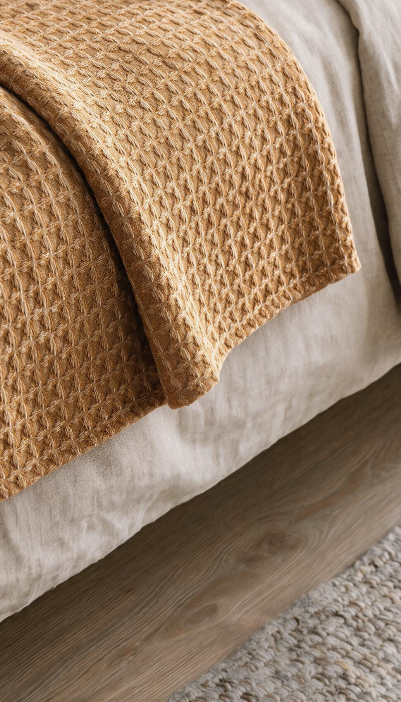 Plaid doblado modelo Dai en color beige tostado cálido, destacando su tejido ligero con textura geométrica de nido de abeja, apoyado sobre una superficie clara.