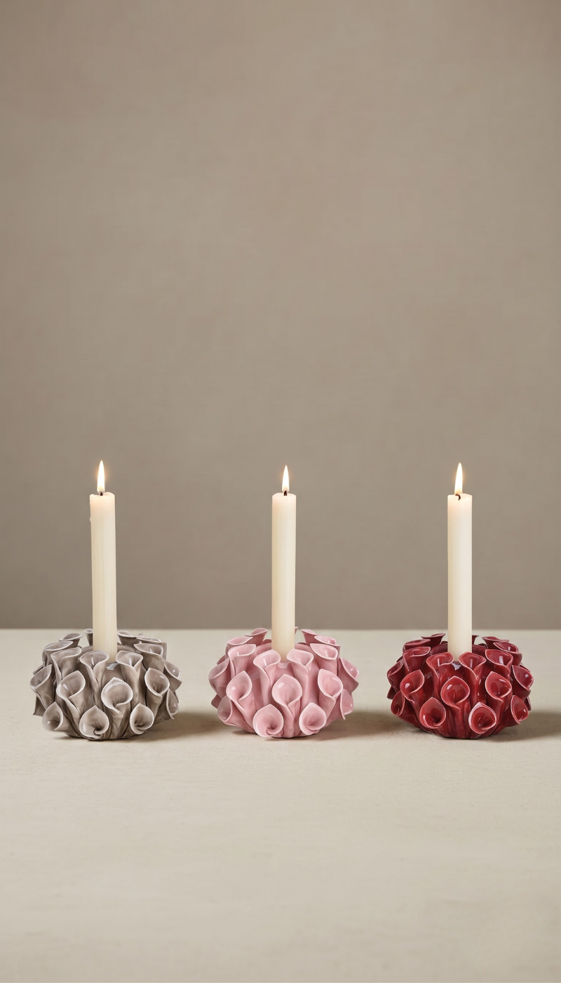 Tres portavelas de cerámica esmaltada modelo Jara con diseño de flores agrupadas, presentados en colores gris, rosa y burdeos, sosteniendo velas largas encendidas sobre una superficie clara.