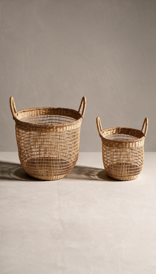 Cesta organizadora modelo Priego elaborada en fibras naturales con un diseño de trenzado abierto calado y dos asas superiores, proyectando una sombra sobre fondo neutro.