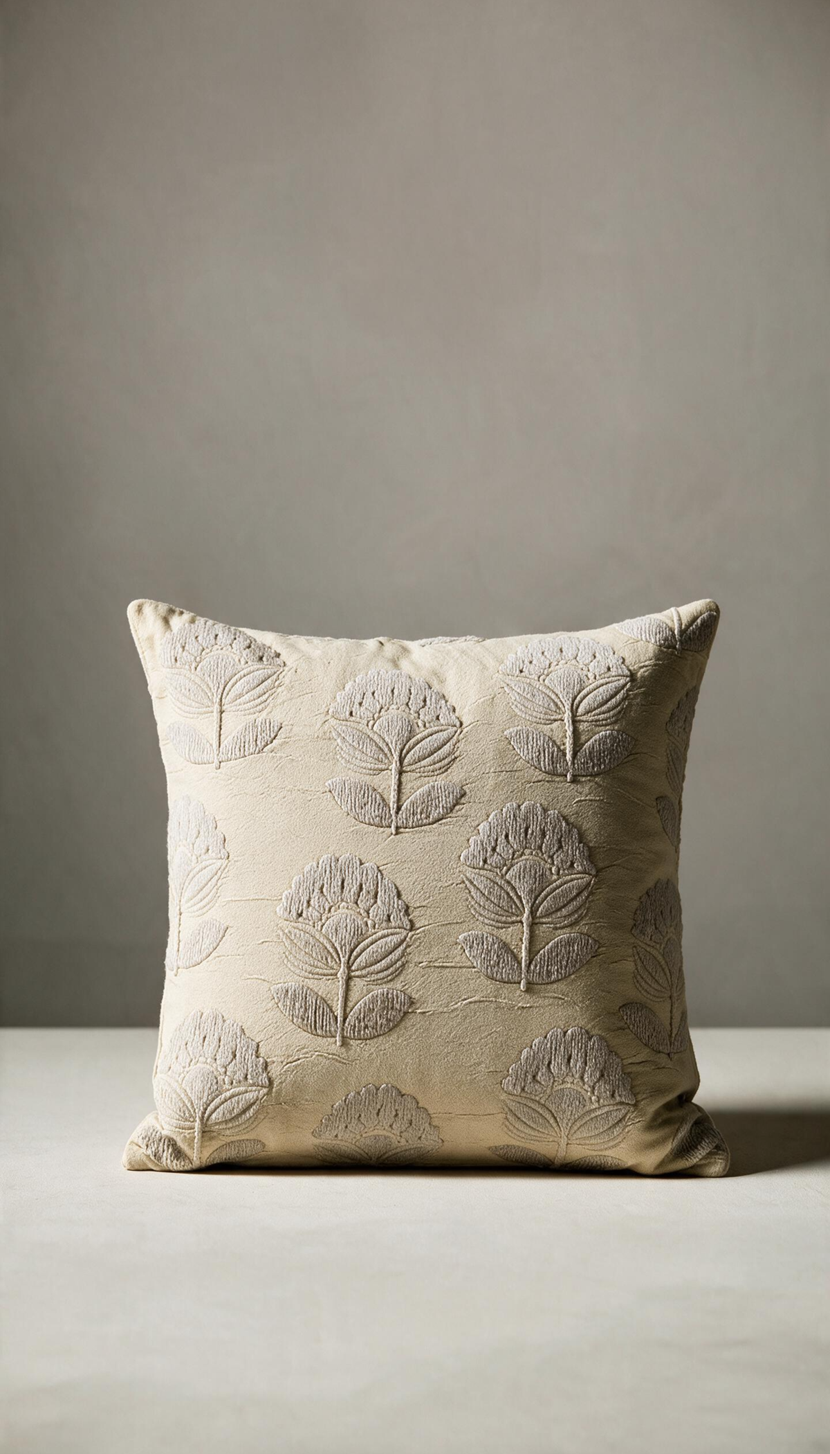Cojín cuadrado de algodón modelo Vejer en color beige claro, decorado con un elegante patrón de flores clásicas bordadas en relieve tono sobre tono.
