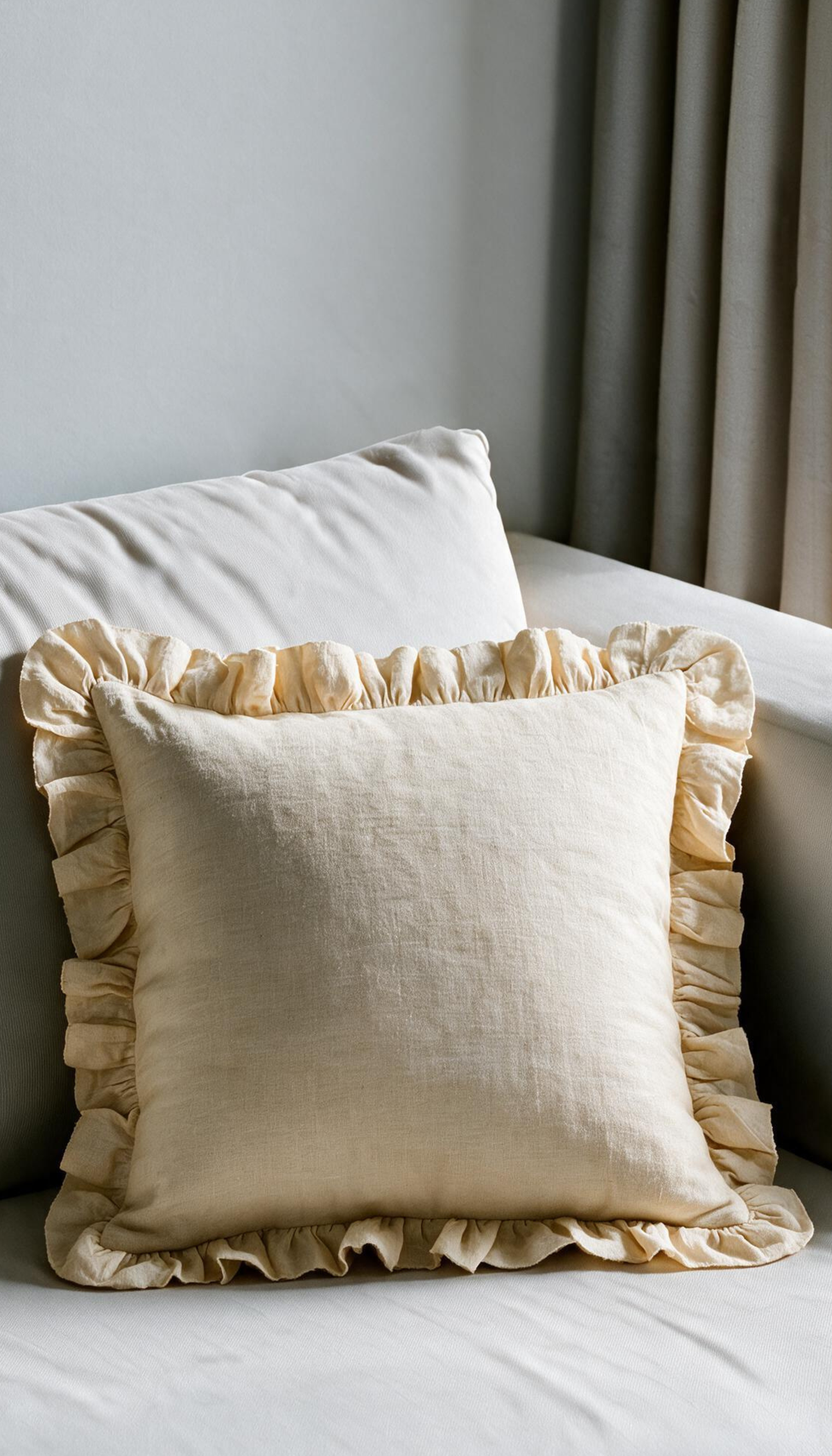 Cojín cuadrado de lino y algodón modelo Laurel en color crudo natural, destacando su diseño de estilo romántico con bordes decorados con volantes fruncidos.