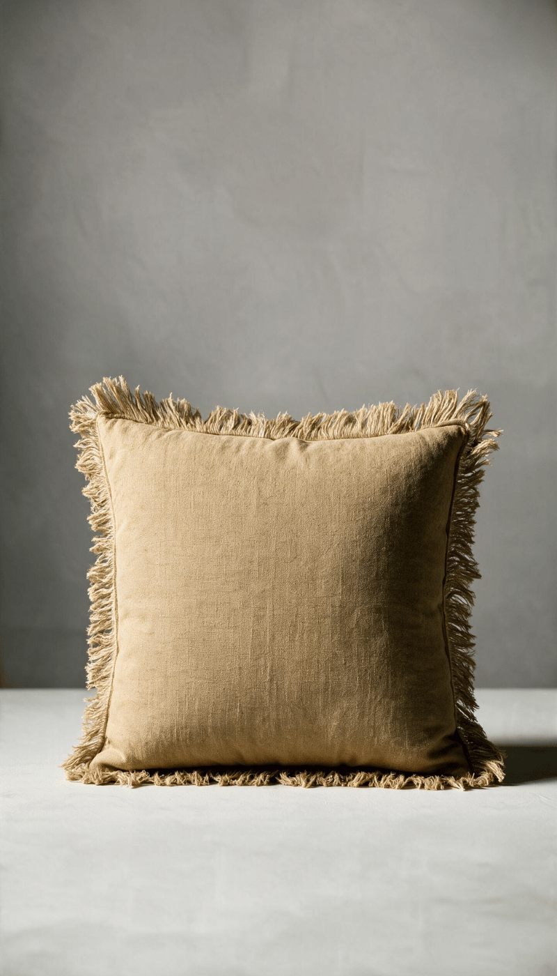 Cojín cuadrado modelo Zahara en color arena o camel, confeccionado en tejido natural estilo lino con bordes decorados con flecos rústicos, apoyado sobre una superficie clara.