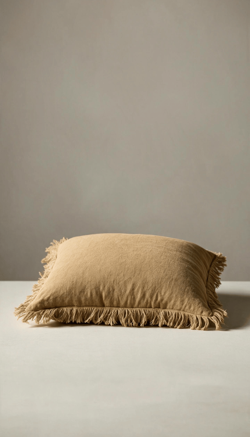 Cojín cuadrado modelo Zahara en color arena o camel, confeccionado en tejido natural estilo lino con bordes decorados con flecos rústicos, apoyado sobre una superficie clara.