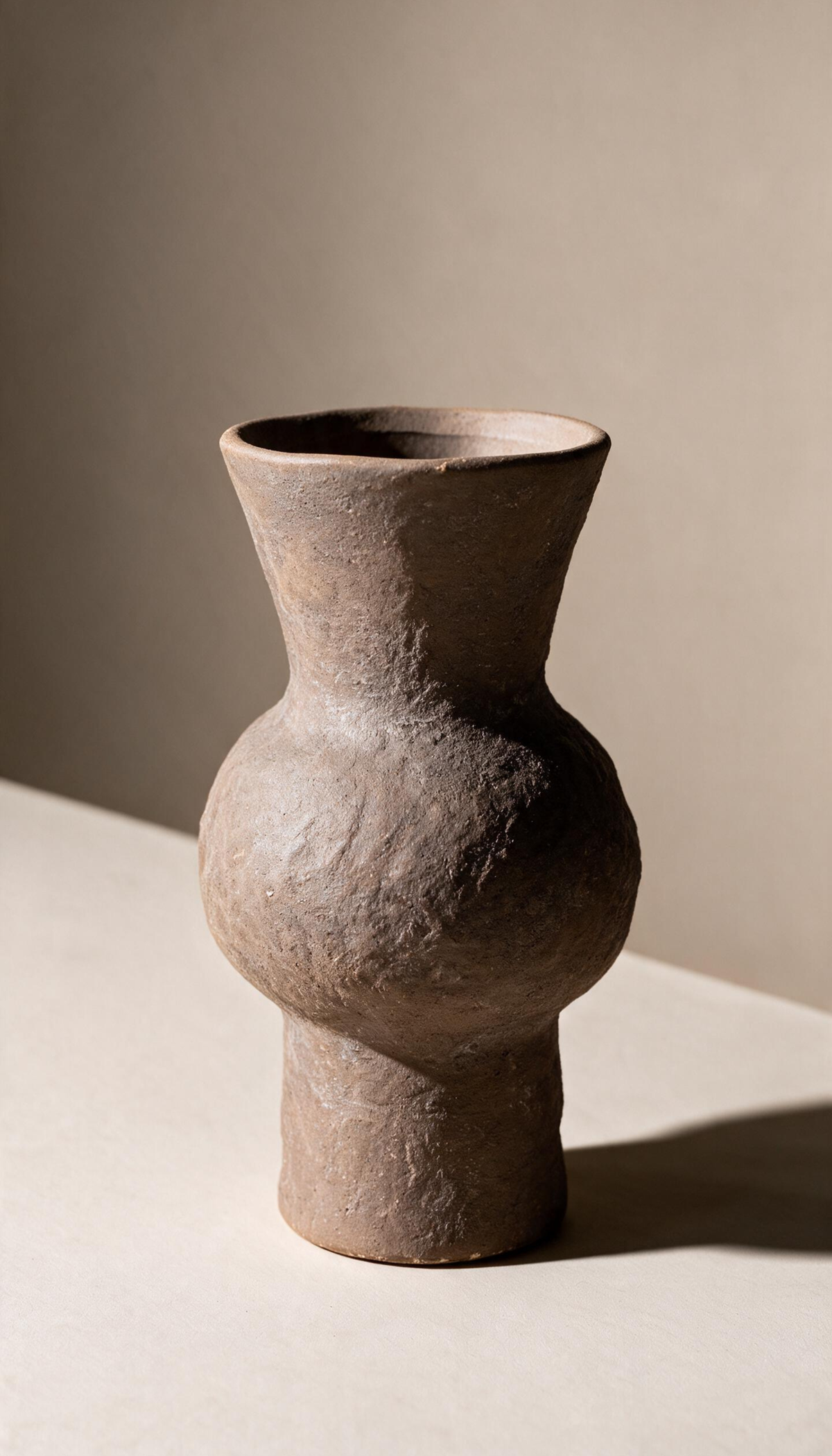 Jarrón de cerámica cruda modelo Medina en color terracota terroso, con forma orgánica y textura rugosa, mostrando un estilo rústico y wabi-sabi.