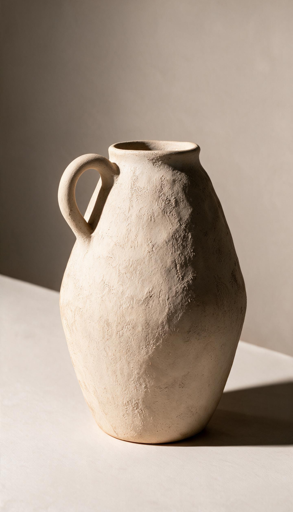 Jarrón de cerámica cruda modelo Mocay en forma de jarra con un asa lateral, color arena claro y textura rugosa, mostrando un marcado estilo rústico y wabi-sabi.